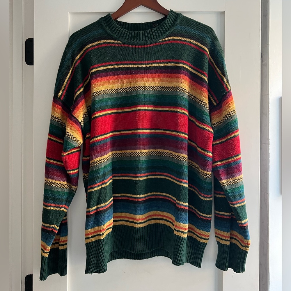 Structure Green and Red Crewneck Sweater with Retro Stripes